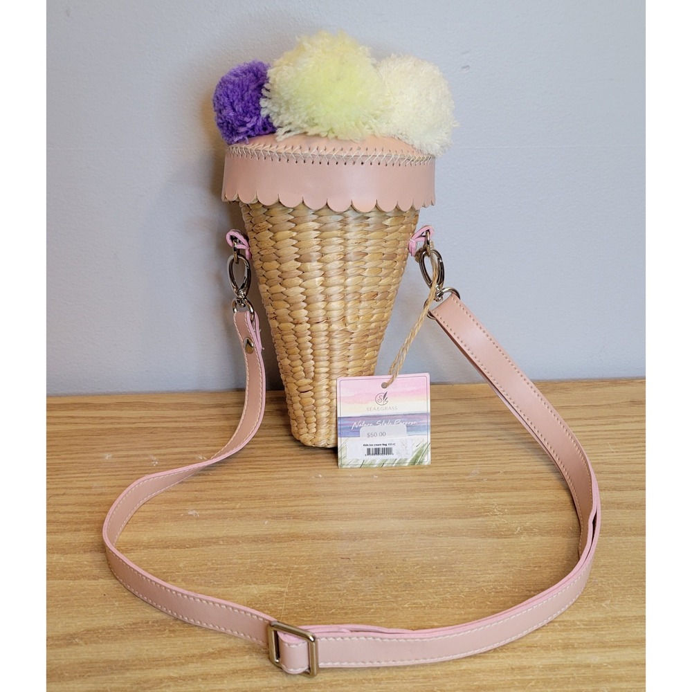 NWT Sea & Grass Woven Straw Ice Cream Cone Novelty Crossbody Bag Pom Poms 9.5in